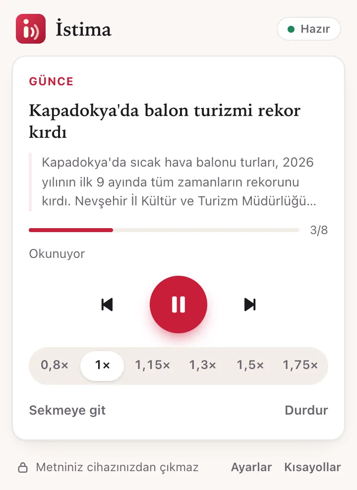 İstima açılır penceresi: şimdi okunan haber, ilerleme çubuğu, oynatma düğmeleri ve hız seçenekleri